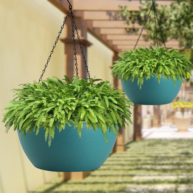 WOUSIWER 13 inch 2 Pack Large Hanging Planters for Indoor Outdoor Plants with Drainage Holes and Chain, Round Hanging Flower Pots for Garden Home Porch Decor, Myrtle Green - Image 5
